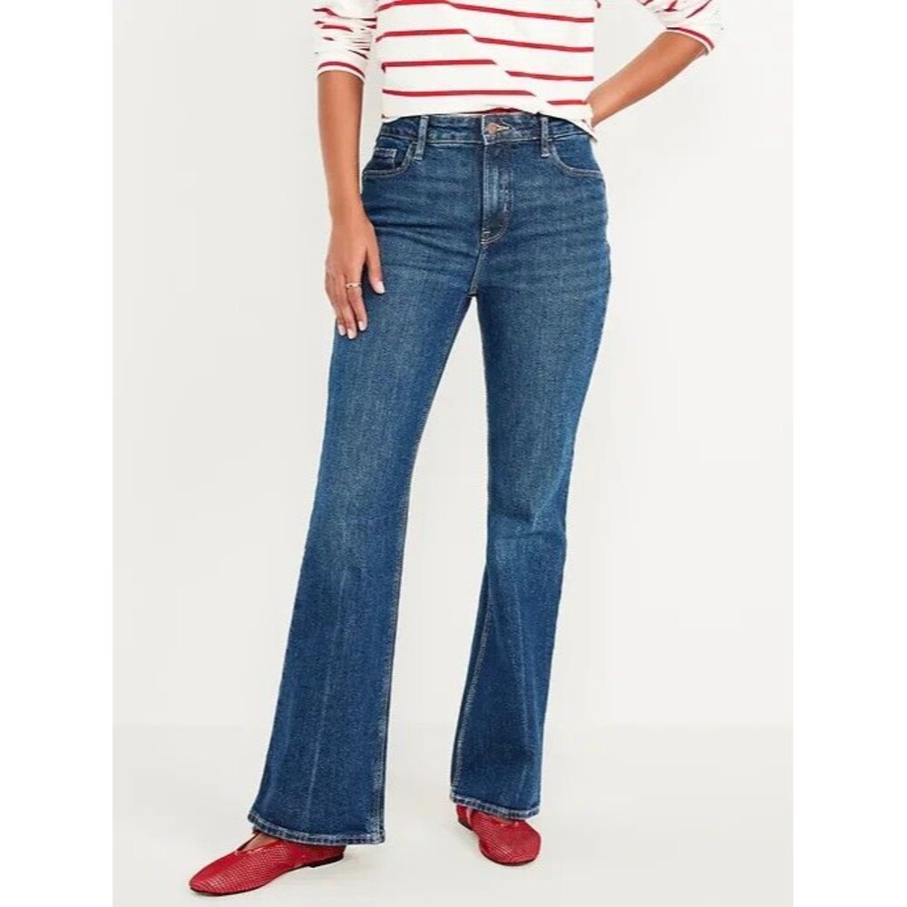 Old Navy Extra High Rise Flare Jeans Womens 8 Tall Blue Dark Wash Stretch NEW